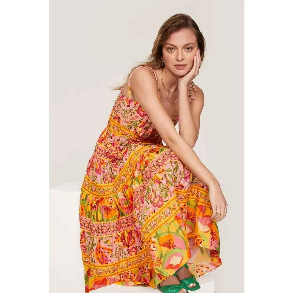 FARM RIO Mixed Fruits Floral Paradise Midi Dress ~ Small S Summer Vacation - Picture 4 of 12